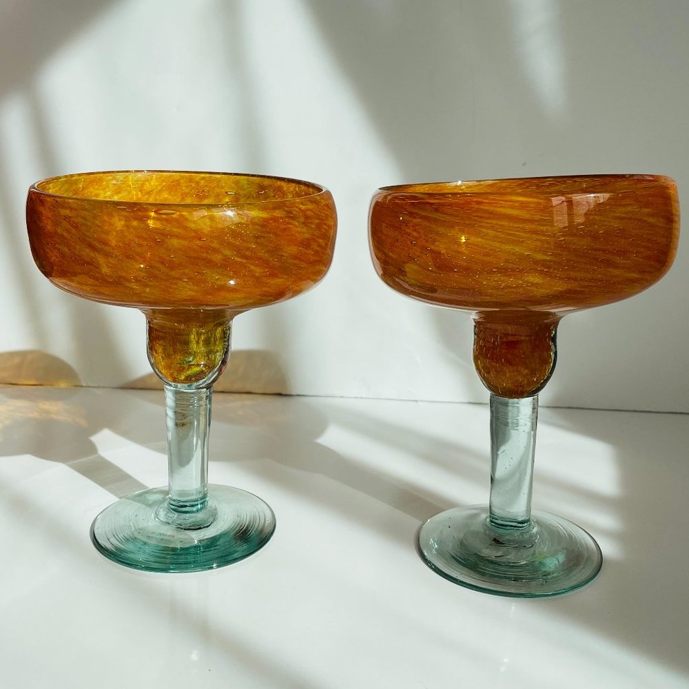 Mexican Hand Mouth Blown Thick Orange  Art Glass Margarita Glasses Set of 2 NEW